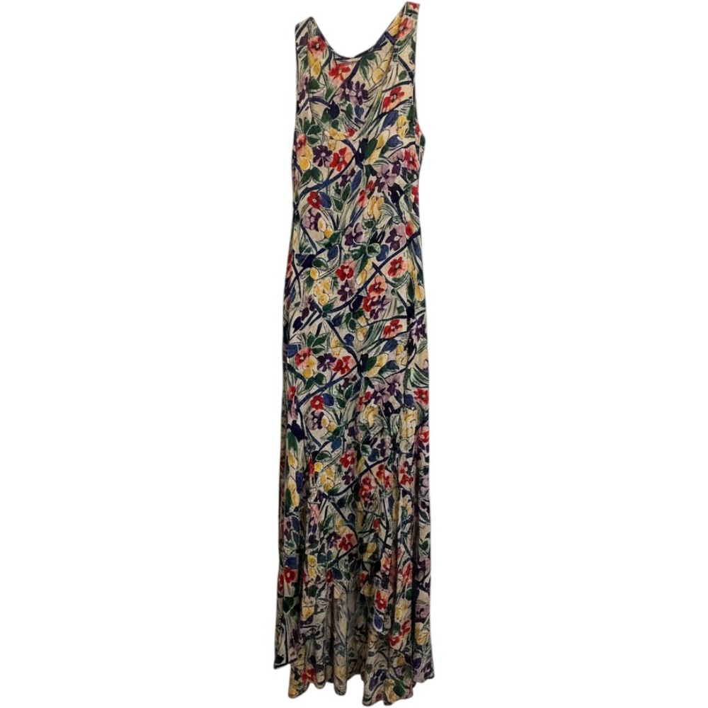 Norma Kamali Vintage Floral Handkerchief Hem Sleeveless Maxi Dress. Floral. Med